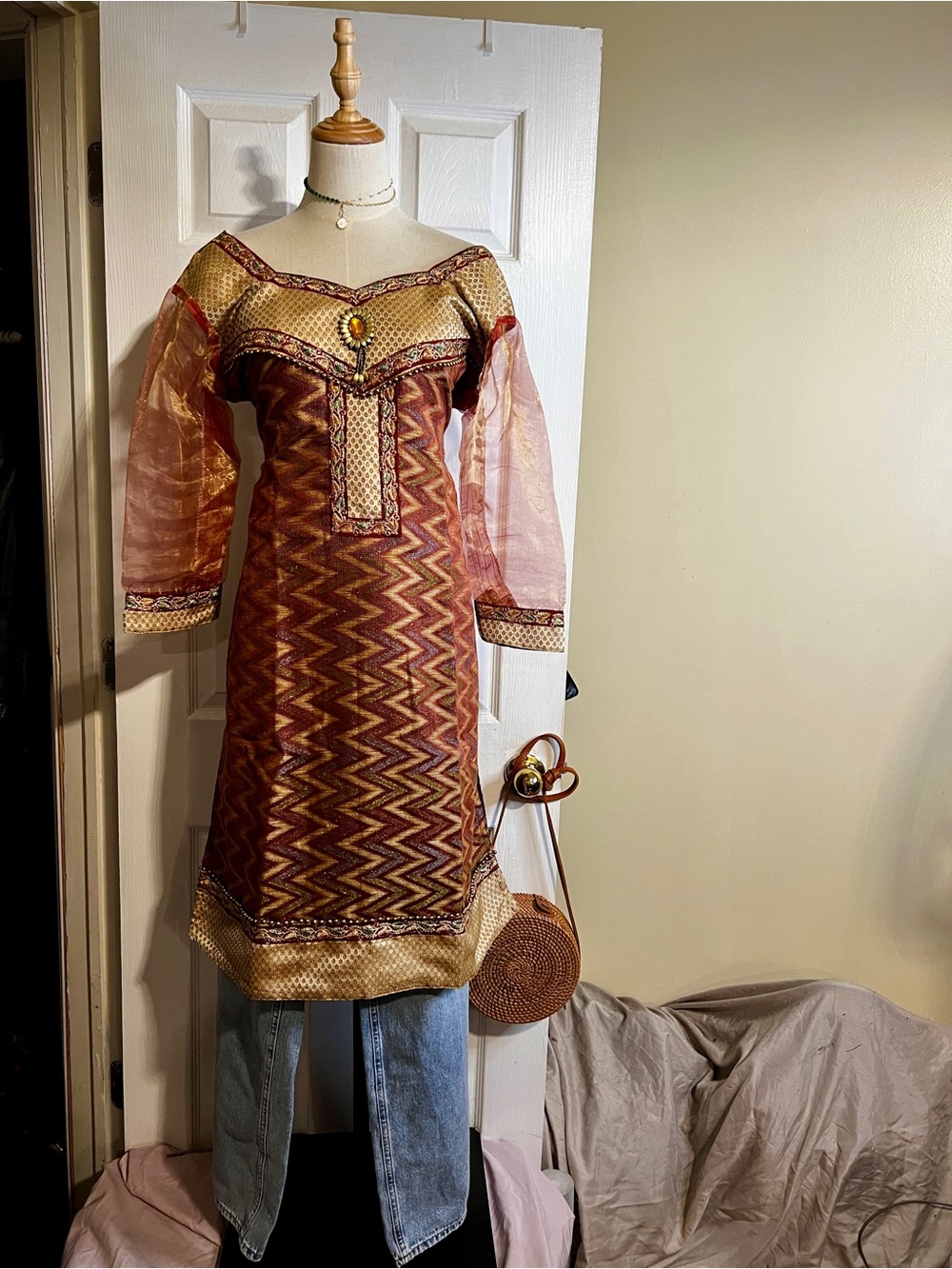 Handmade Indian Wms Ornate Beaded Metallic Tapestry Party Kaftan‎ Salwar Dress L